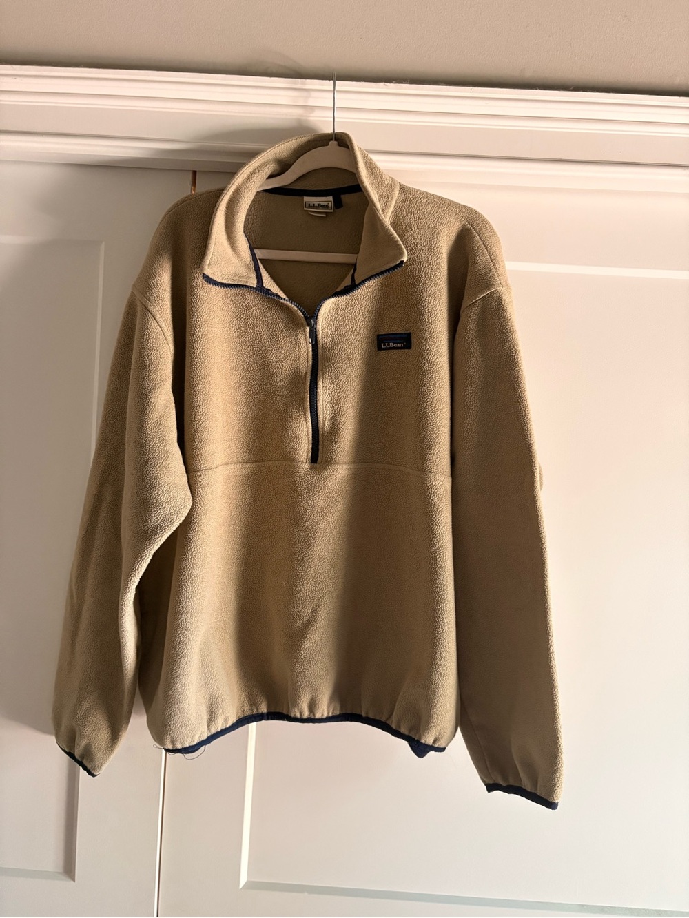 L.L. Bean Men's Beige Quarter-Zip Fleece Pullover with Navy Trim